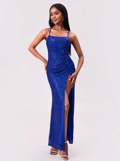 Slit Sequin Square Neck Spaghetti Strap Dress - Hovatok