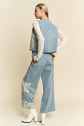 Davi & Dani Lace Patch Open Front Denim Vest - Hovatok