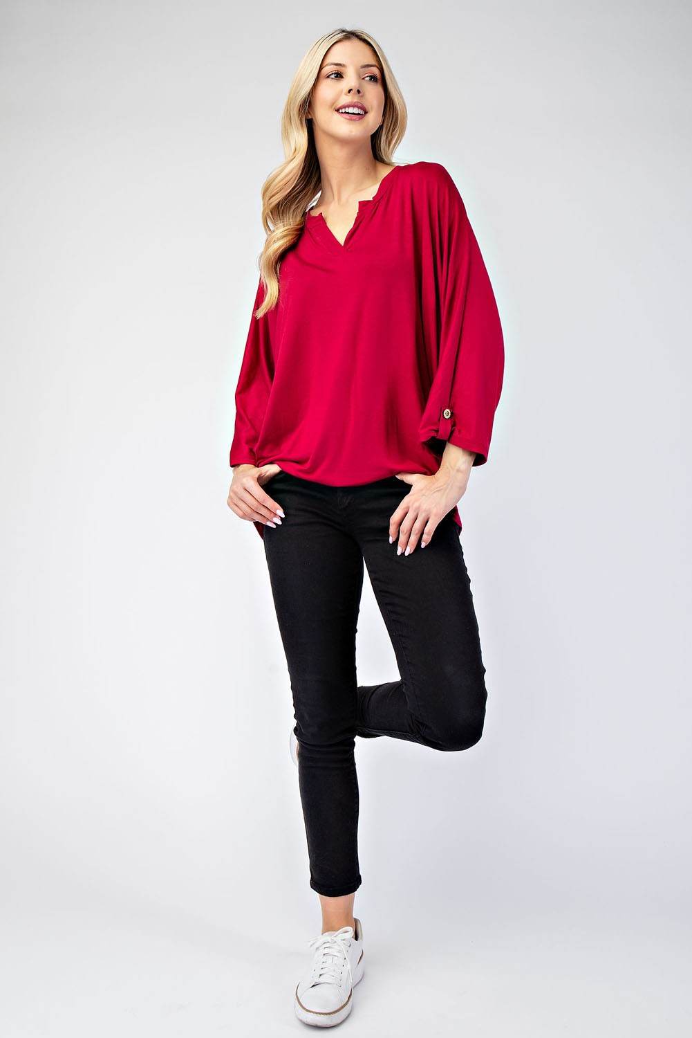 Celeste Full Size Notched Three-Quarter Sleeve Blouse - Hovatok
