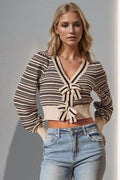 Double Take Full Size Striped Bow Decor Cropped Cardigan - Hovatok