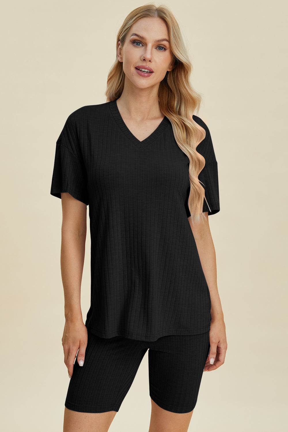Basic Bae Full Size Ribbed V-Neck Short Sleeve Top and Shorts Set - Hovatok