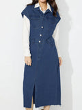 Slit Half Button Collared Neck Cap Sleeve Denim Dress - Hovatok