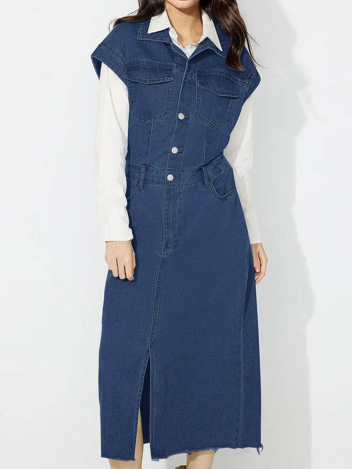 Slit Half Button Collared Neck Cap Sleeve Denim Dress - Hovatok