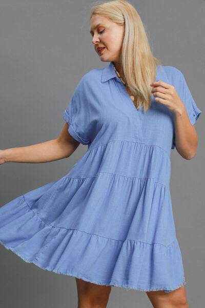 Umgee Full Size Raw Hem Folded Sleeve Tiered Dress Plus Size - Hovatok