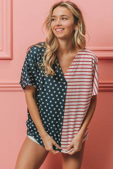 BiBi US Flag Themed Color Block Short Sleeve T-Shirt - Hovatok