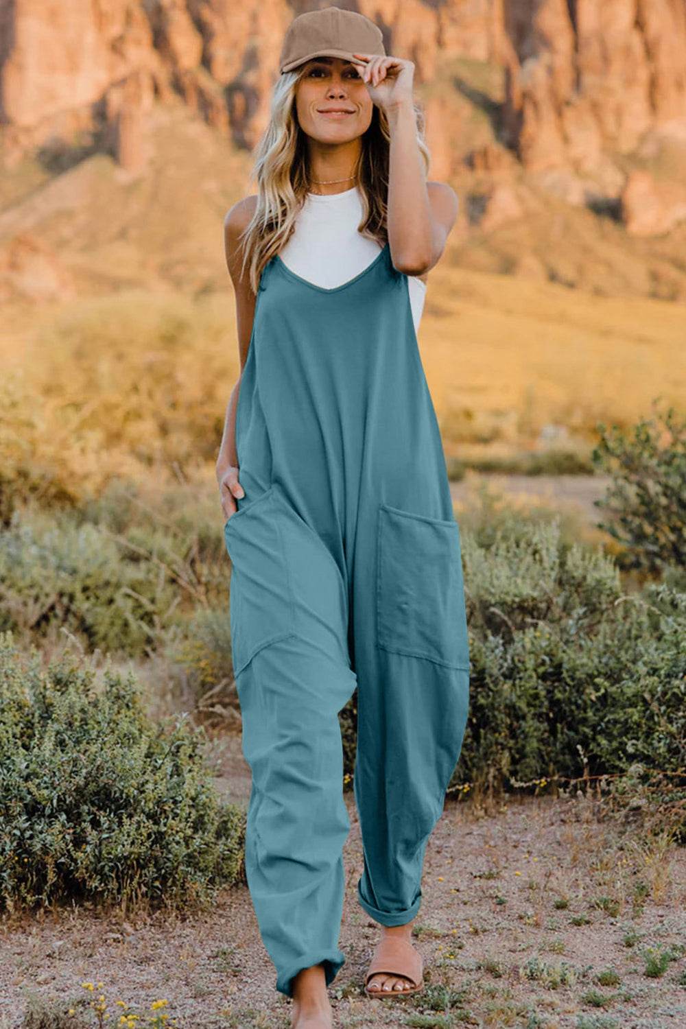 Double Take Full Size V-Neck Sleeveless Jumpsuit with Pockets - Hovatok