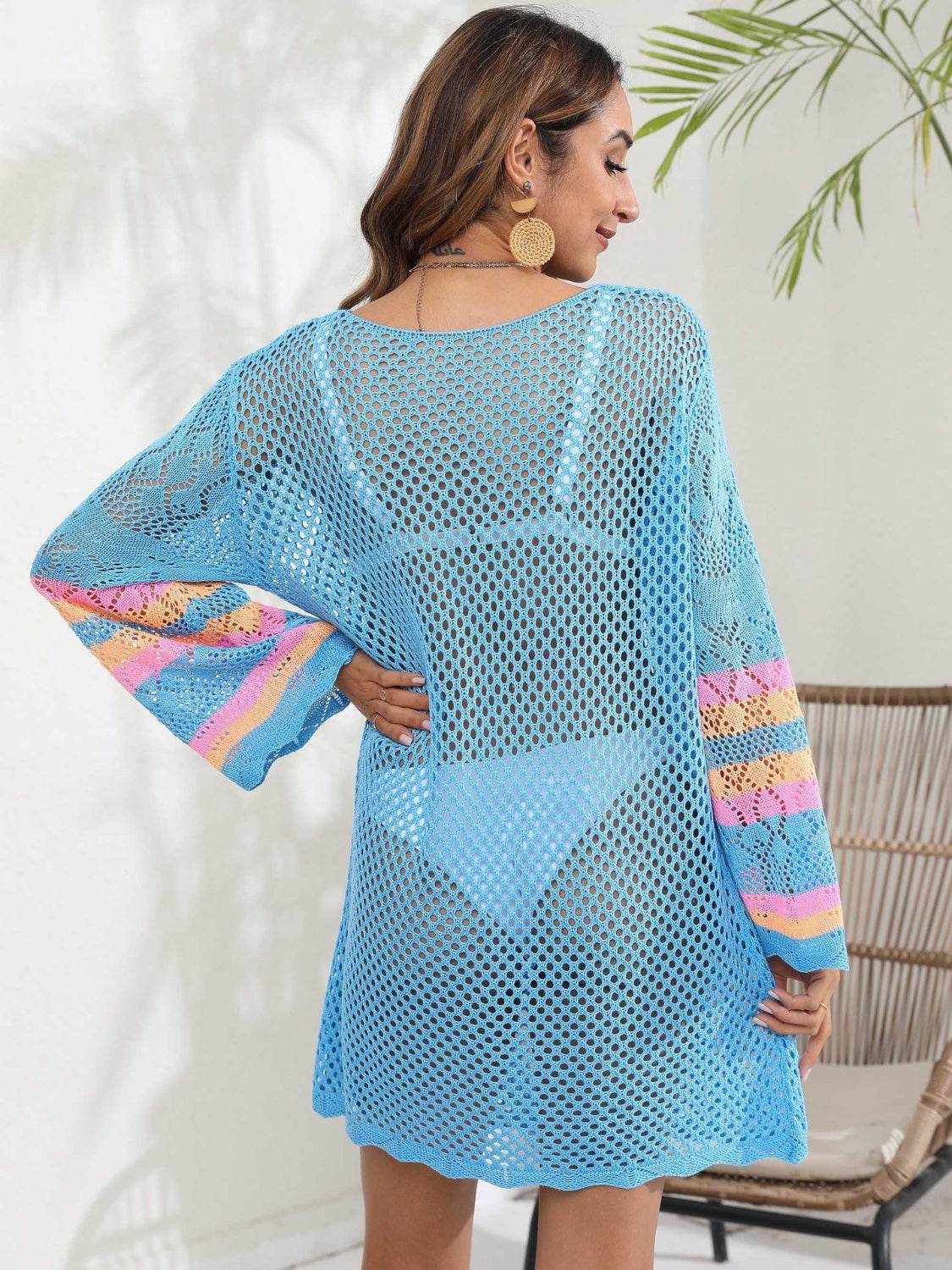 Openwork Contrast Long Sleeve Cover-Up - Hovatok