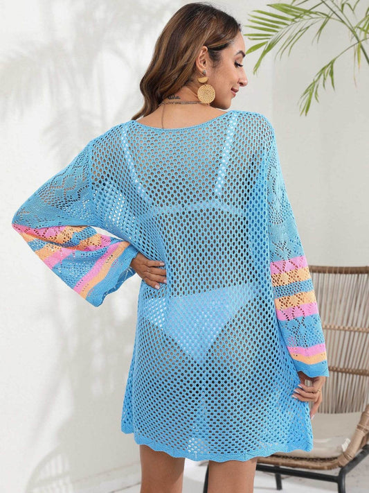 Openwork Contrast Long Sleeve Cover-Up - Hovatok