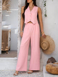 Devine Button Down Vest and Wide Leg Pants Set - Hovatok