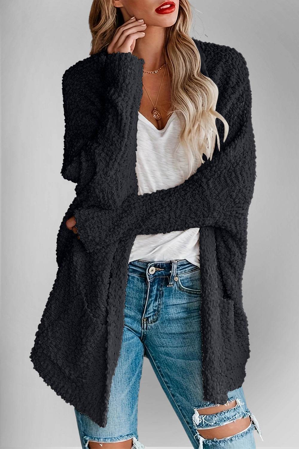 Double Take Pocketed Open Front Long Sleeve Cardigan - Hovatok