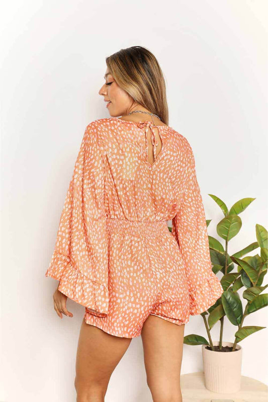 Double Take Printed Flare Sleeve Surplice Romper - Hovatok