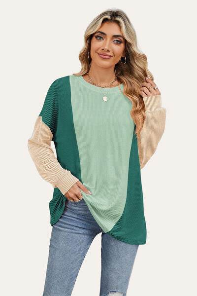 Double Take Texture Contrast Round Neck Long Sleeve T-Shirt - Hovatok
