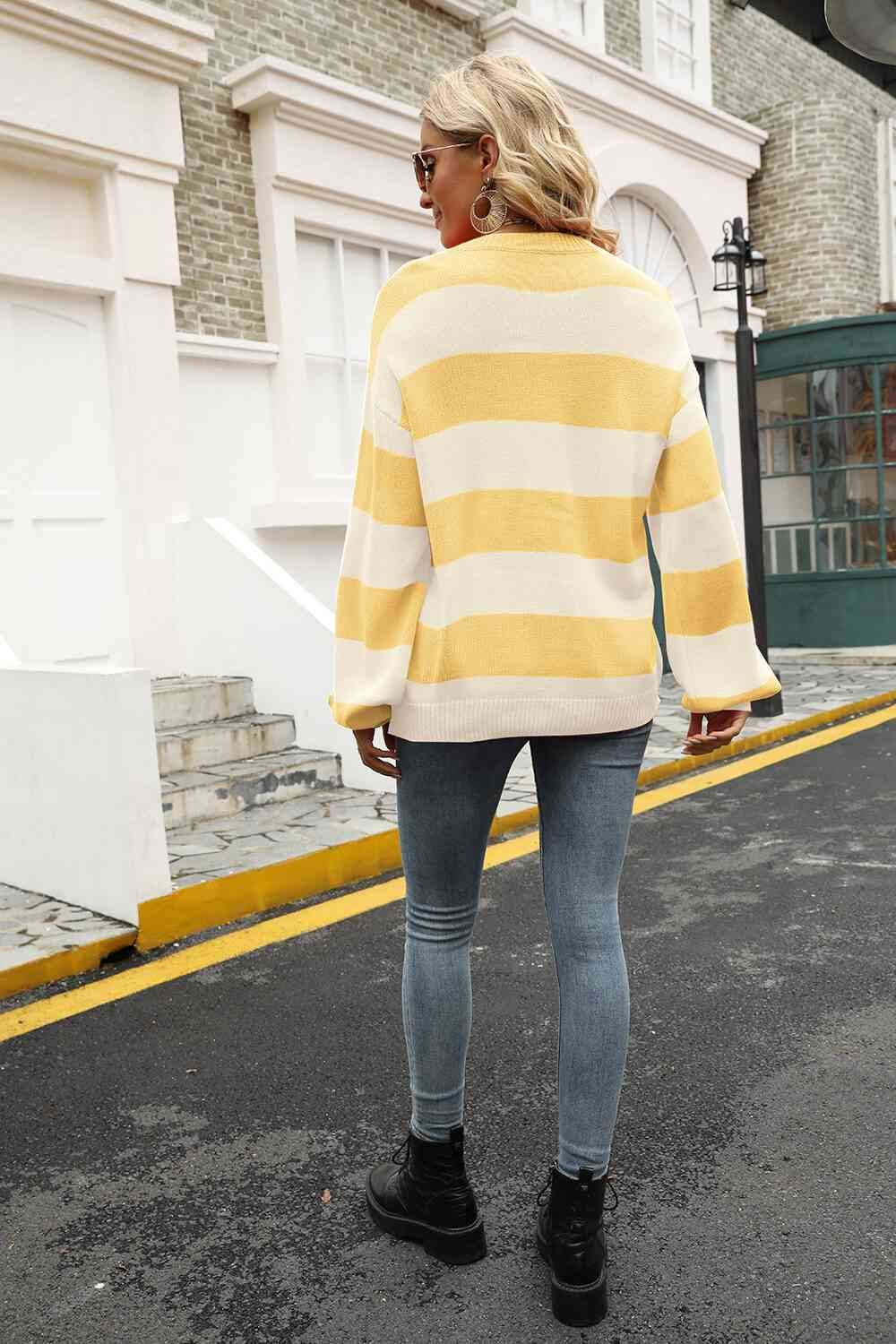 Angel Wings Striped Balloon Sleeve Knit Pullover - Hovatok