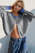Double Take Contrast Button Up Long Sleeve Cardigan - Hovatok