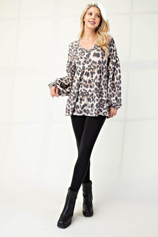 Celeste Full Size Leopard V-Neck Balloon Sleeve Blouse - Hovatok