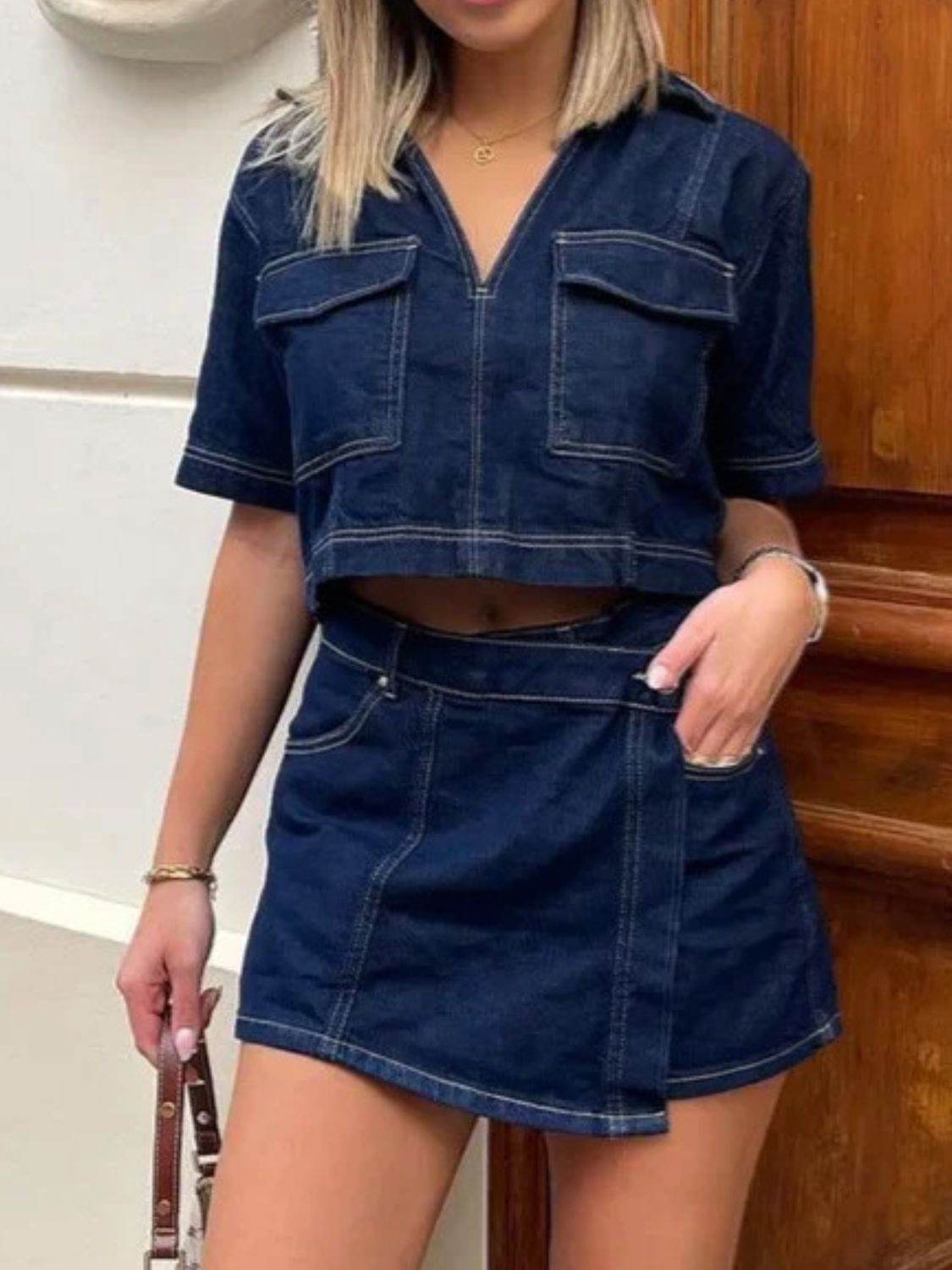 Johnny Collar Short Sleeve Top and Skort Denim Set - Hovatok