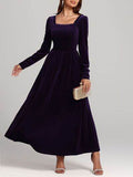 Velvet Square Neck Long Sleeve Dress - Hovatok