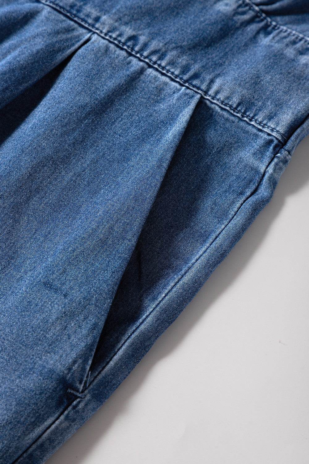 V Neck Short Sleeve Smocked Back Denim Jumpsuit - Hovatok