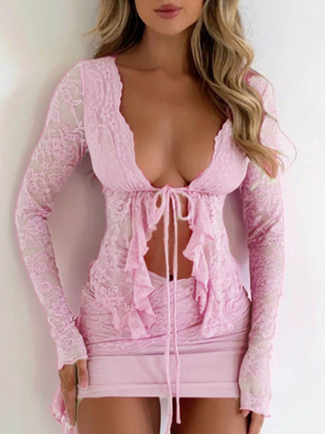 Devine Tied Front Ruffled Long Sleeve Lace Shirt - Hovatok