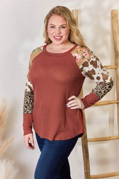 Hailey & Co Full Size Leopard Waffle-Knit Blouse - Hovatok