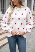 Angel Wings Woven Right Polka Dot Round Neck Dropped Shoulder Sweater - Hovatok