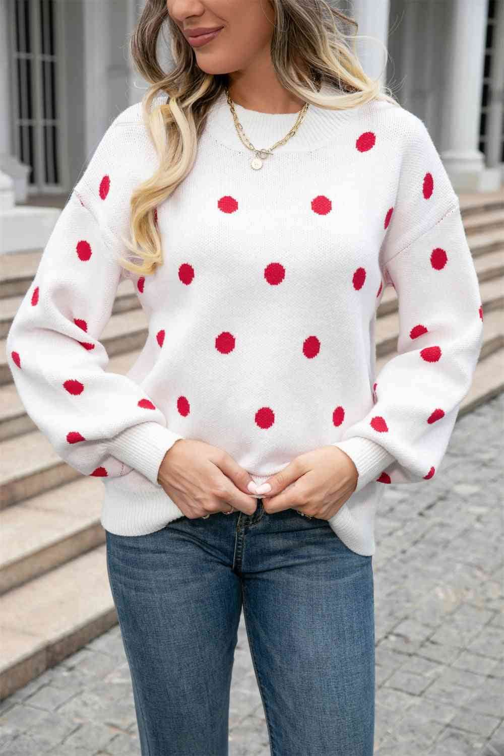 Angel Wings Woven Right Polka Dot Round Neck Dropped Shoulder Sweater - Hovatok