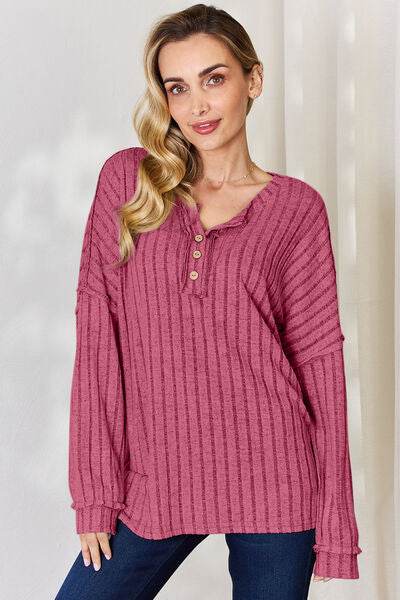 Basic Bae Full Size Ribbed Half Button Long Sleeve T-Shirt - Hovatok