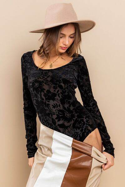 Ces Femme Velvet Floral Long Sleeve Bodysuit - Hovatok