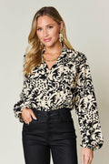 Double Take Full Size Printed Ruffle Trim Balloon Sleeve Shirt - Hovatok