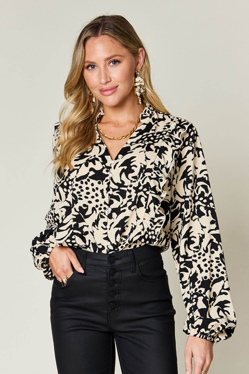 Double Take Full Size Printed Ruffle Trim Balloon Sleeve Shirt - Hovatok