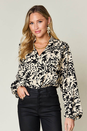 Double Take Full Size Printed Ruffle Trim Balloon Sleeve Shirt - Hovatok