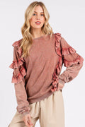 Mittoshop Ruffled Mineral Washed Round Neck Long Sleeve Sweatshirt - Hovatok