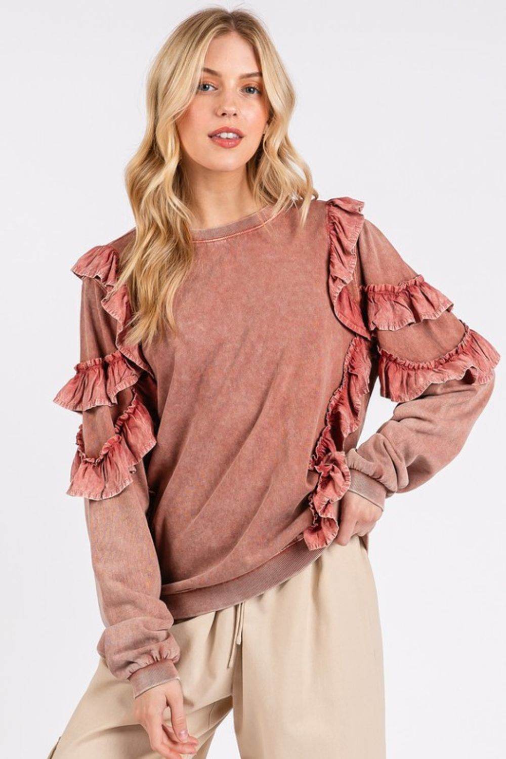Mittoshop Ruffled Mineral Washed Round Neck Long Sleeve Sweatshirt - Hovatok