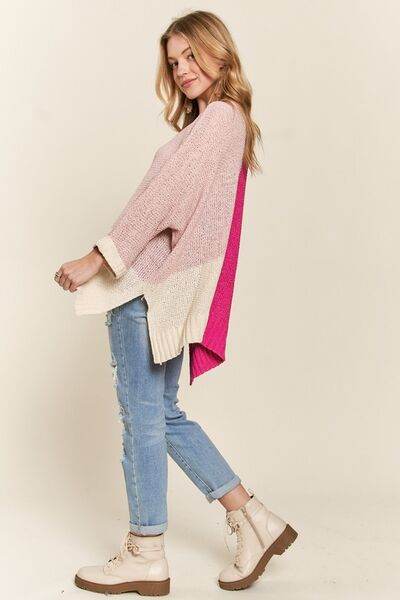 ADORA Side Slit Color Block Long Sleeve Sweater - Hovatok