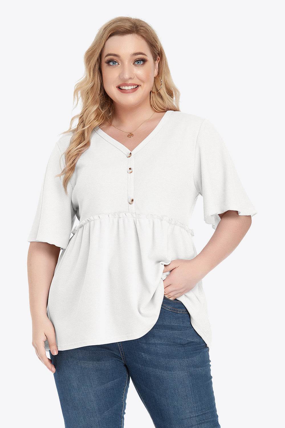 Plus Size Buttoned V-Neck Frill Trim Babydoll Blouse - Hovatok