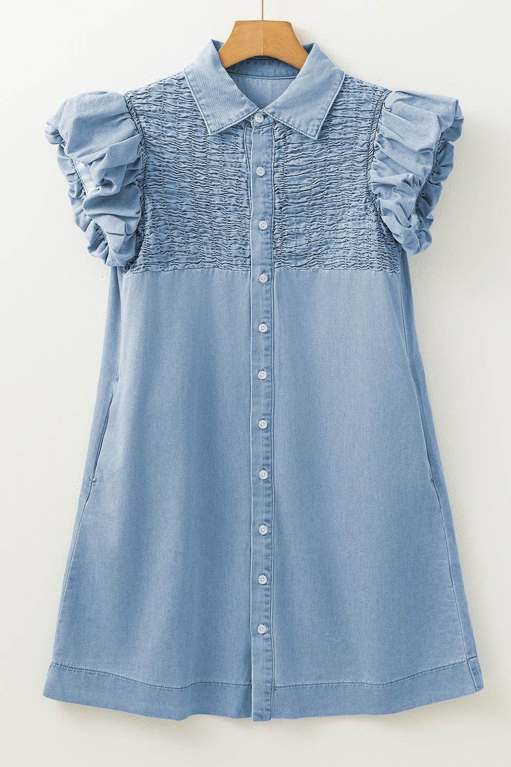 Smocked Collared Neck Cap Sleeve Denim Dress - Hovatok