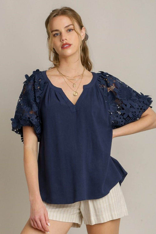 Umgee Full Size French Terry Boxy Cut Top with 3D Floral Sleeve Plus Size - Hovatok