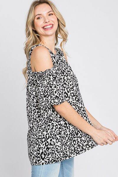 Heimish Full Size Leopard Round Neck Cold Shoulder T-Shirt Plus Size - Hovatok