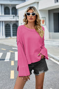 High-Low Slit Round Neck Long Sleeve Sweater - Hovatok