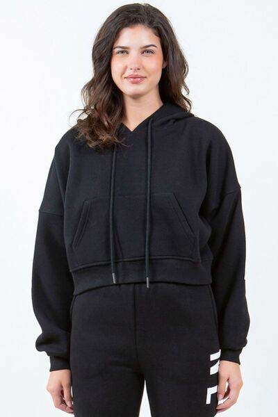 American Bazi Letter Graphic Long Sleeve Drawstring Cropped Hoodie - Hovatok