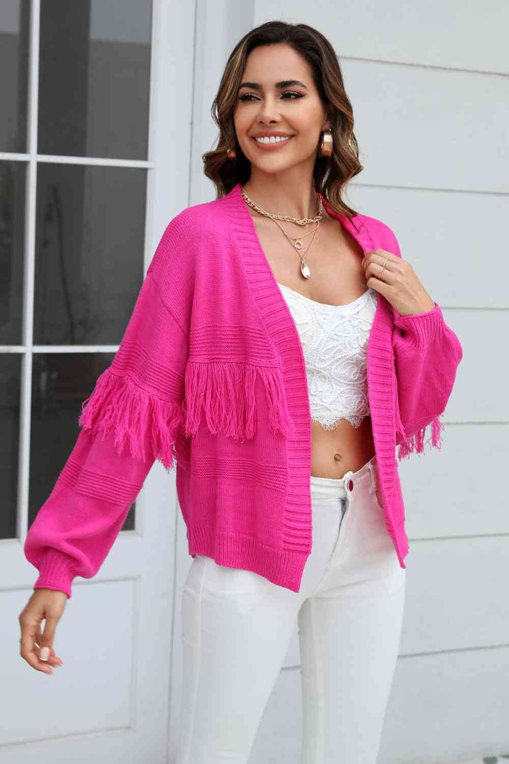 Angel Wings Fringe Trim Open Front Cardigan - Hovatok