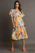 Umgee Full Size Abstract Print Flutter Sleeve Frill Tiered Midi Dress Plus Size - Hovatok