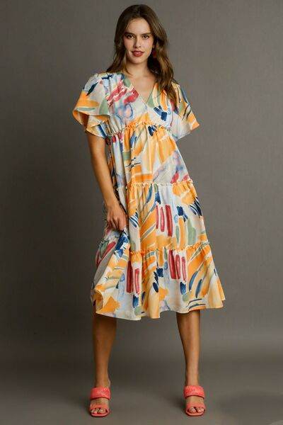 Umgee Full Size Abstract Print Flutter Sleeve Frill Tiered Midi Dress Plus Size - Hovatok