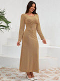 Ruched Round Neck Long Sleeve Dress - Hovatok