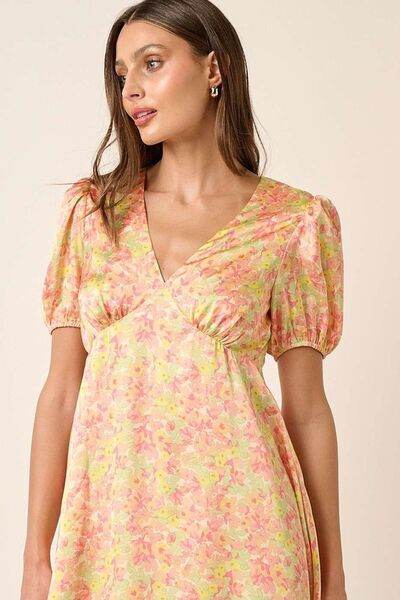 Mittoshop Printed V-Neck Puff Sleeve Mini Dress - Hovatok