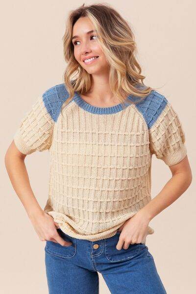 BiBi Textured Contrast Short Sleeve Sweater - Hovatok