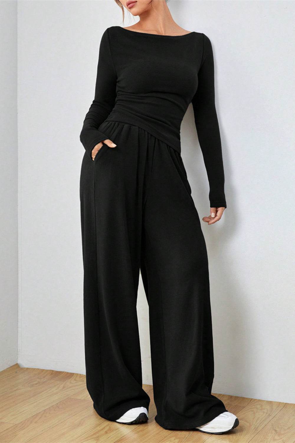 Boat Neck Long Sleeve Top and Pants Set - Hovatok
