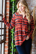 Heimish Full Size Geometric Button Detail Long Sleeve Babydoll Top - Hovatok