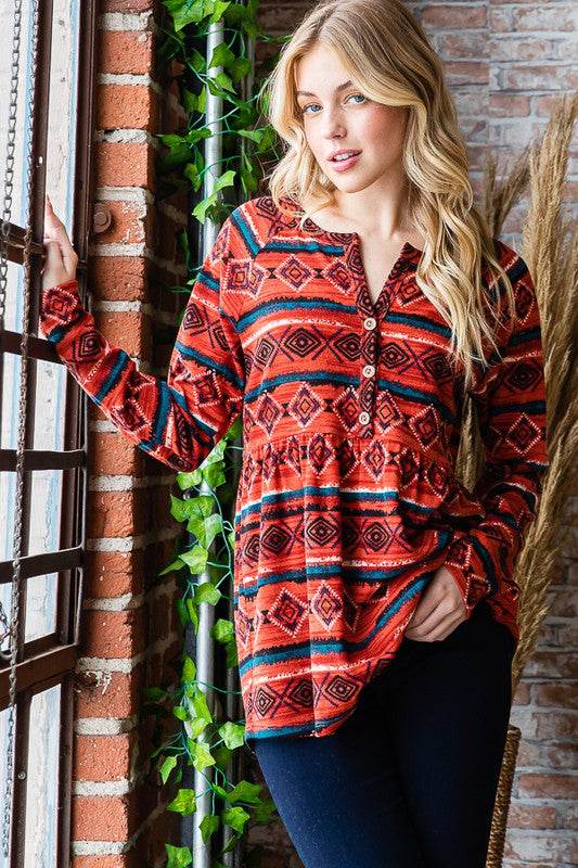 Heimish Full Size Geometric Button Detail Long Sleeve Babydoll Top - Hovatok