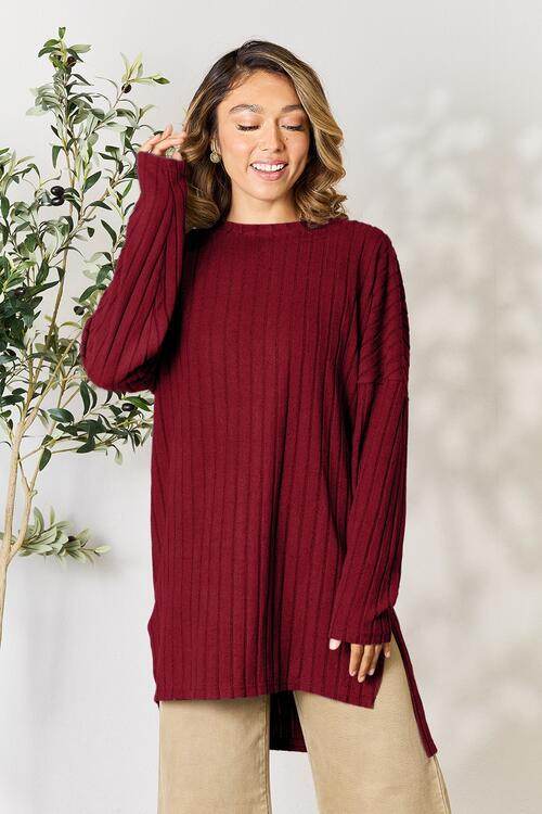 Basic Bae Full Size Ribbed Round Neck Long Sleeve Slit Top - Hovatok